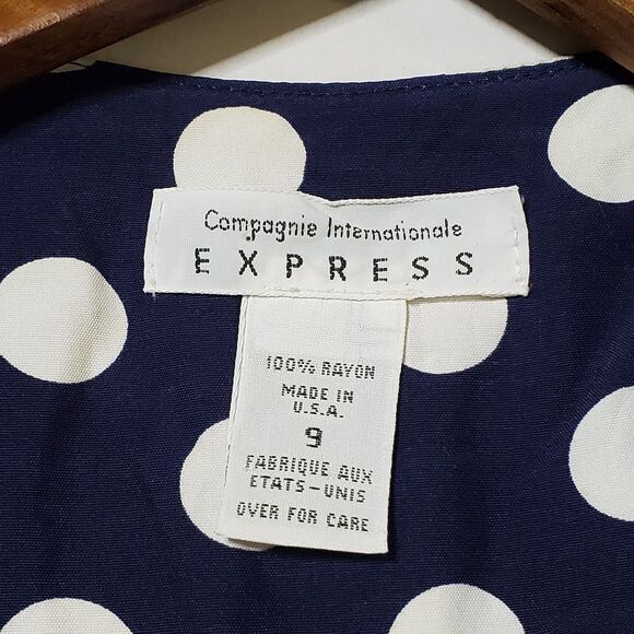 Vintage Express Polka Dot Dress 9/10 Blue White Button Front Rayon Midi Womens - Picture 10 of 11